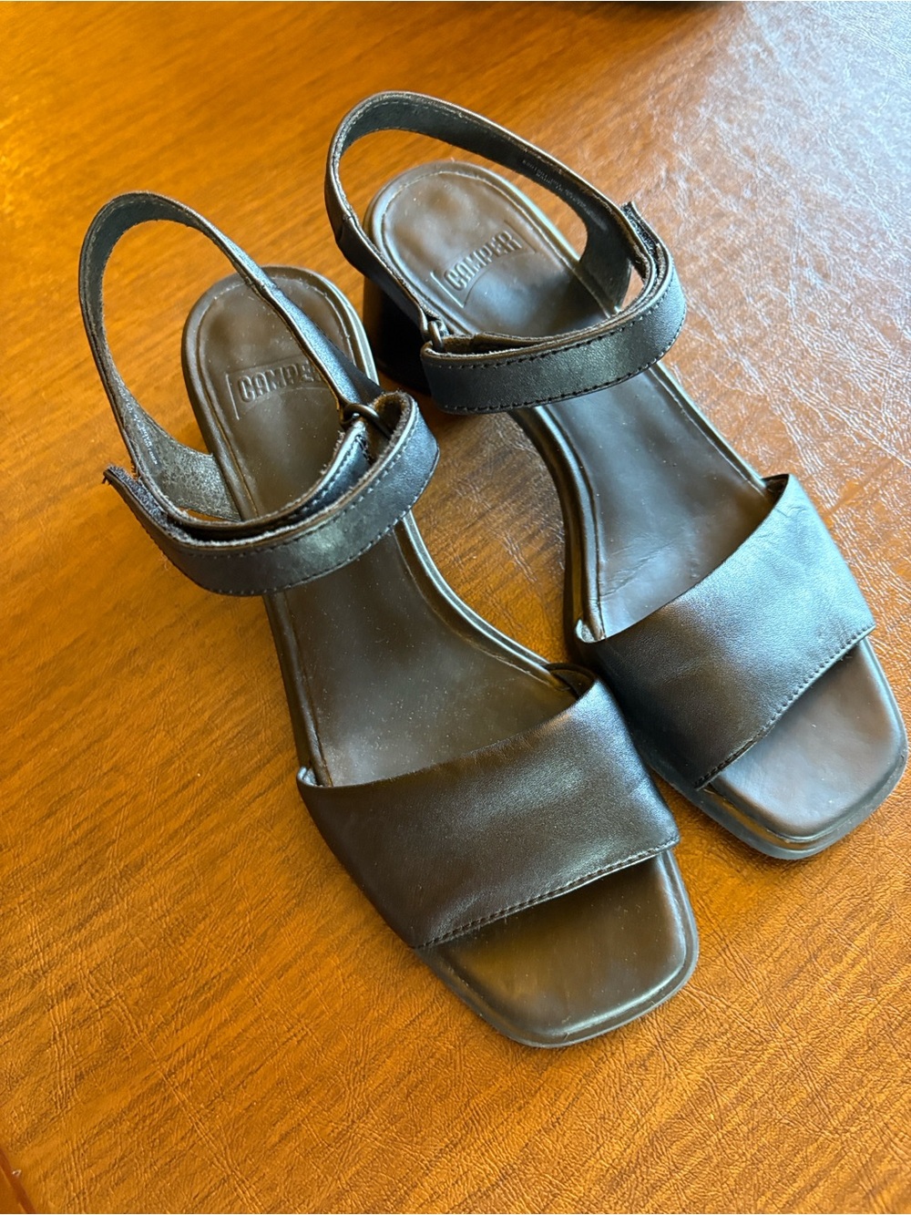 Camper Black Leather Square-Toe Slingback Sandals—worn once inside